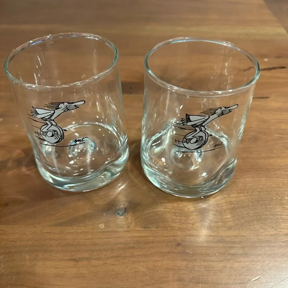 Vintage Johnny Hart BC Comics Caveman on A Roll Rocks Glasses Barware.